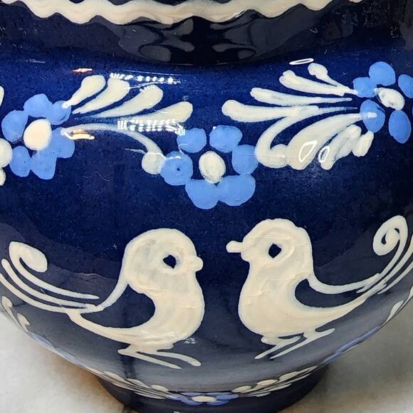 Artist Signed Vintage Blue Art Pottery Pitcher Floral Love Birds Boho Folk Art - Picture 8 of 9
